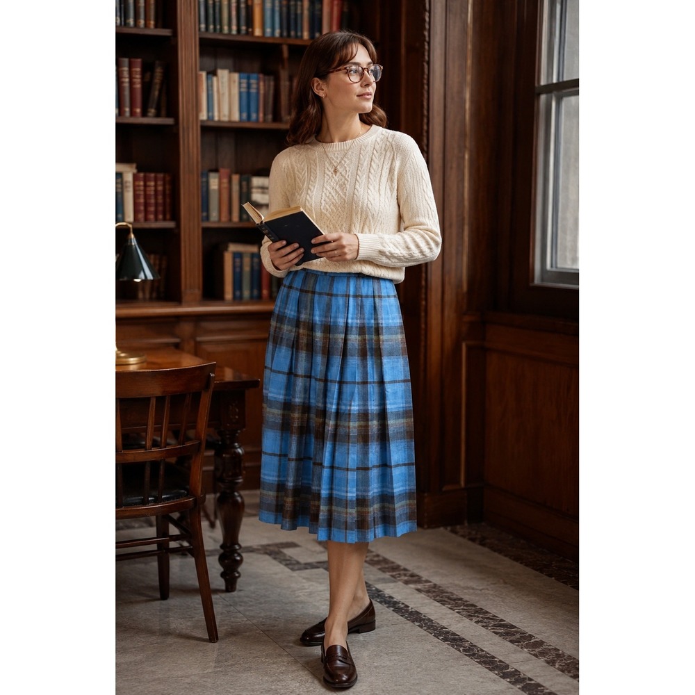 Pendleton Blue Brown Plaid Wool Pleated Midi Skirt Womens 12 Petite Made in USA
